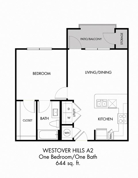 Floor plan for 1 bed, 1 bath, 644 sqft